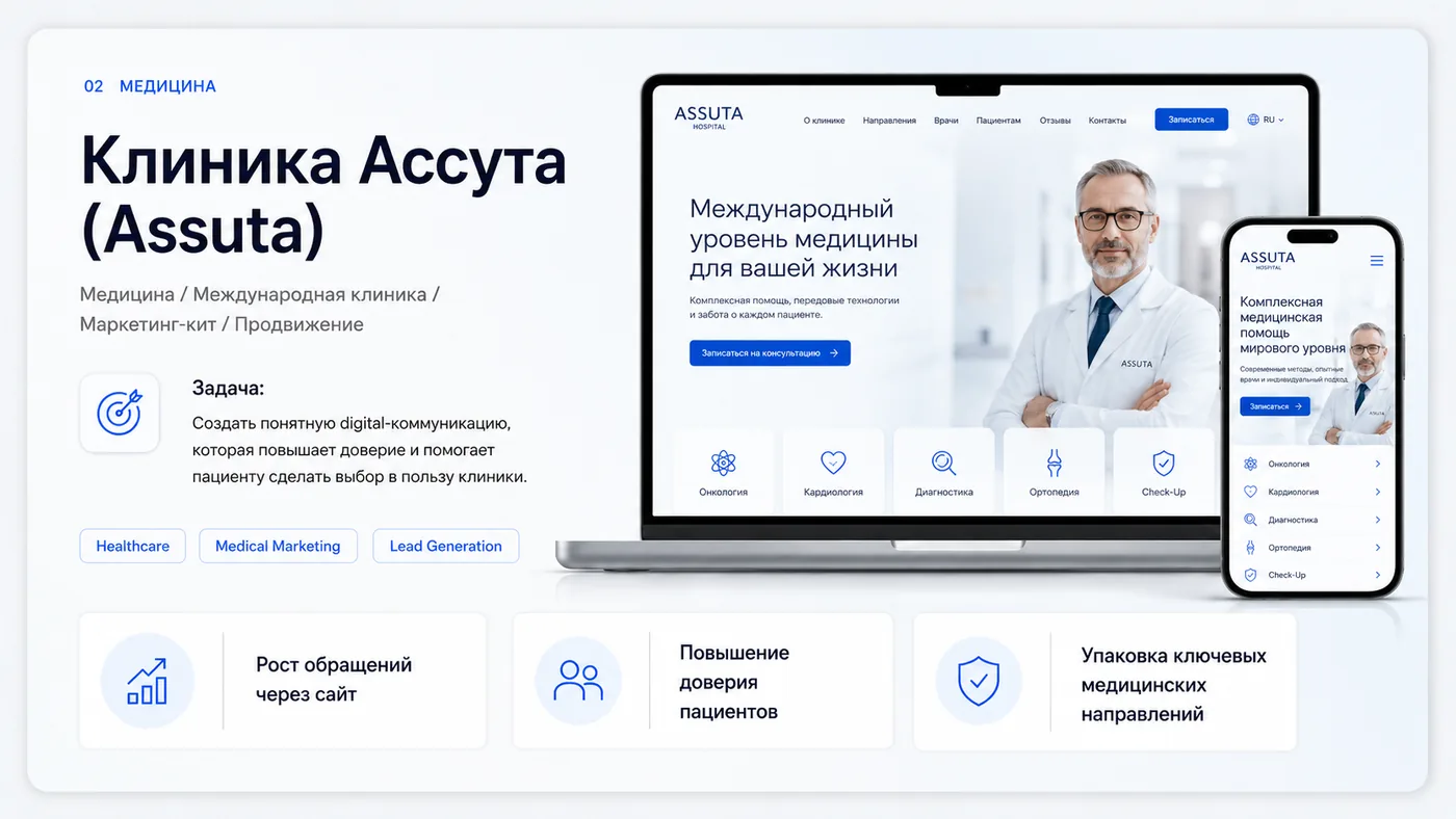 Клиника Ассута: Сайт клиники с понятной упаковкой направлений, врачей и сценария записи пациента.